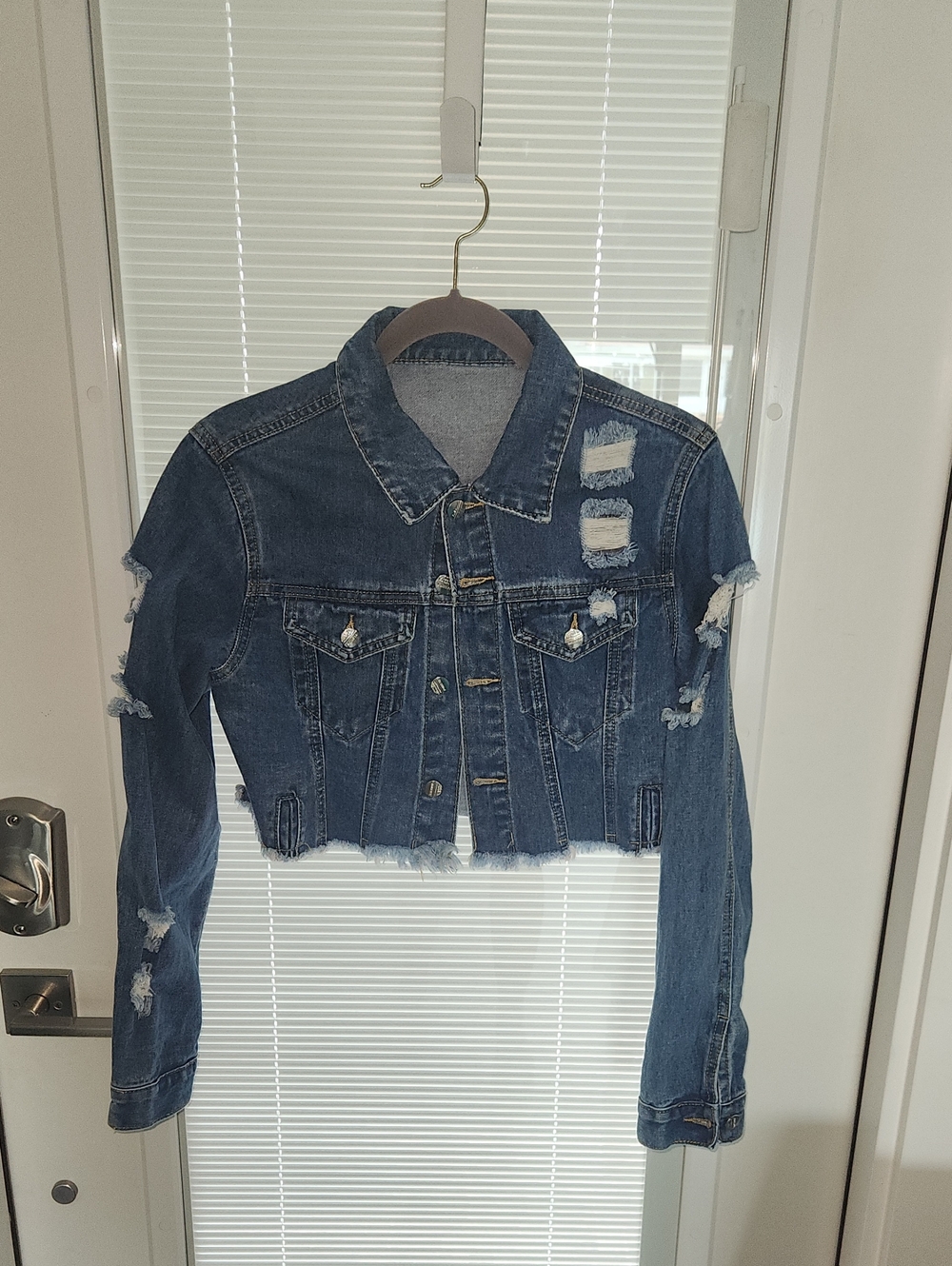 Shein Distressed Cropped Denim Jacket - Blue